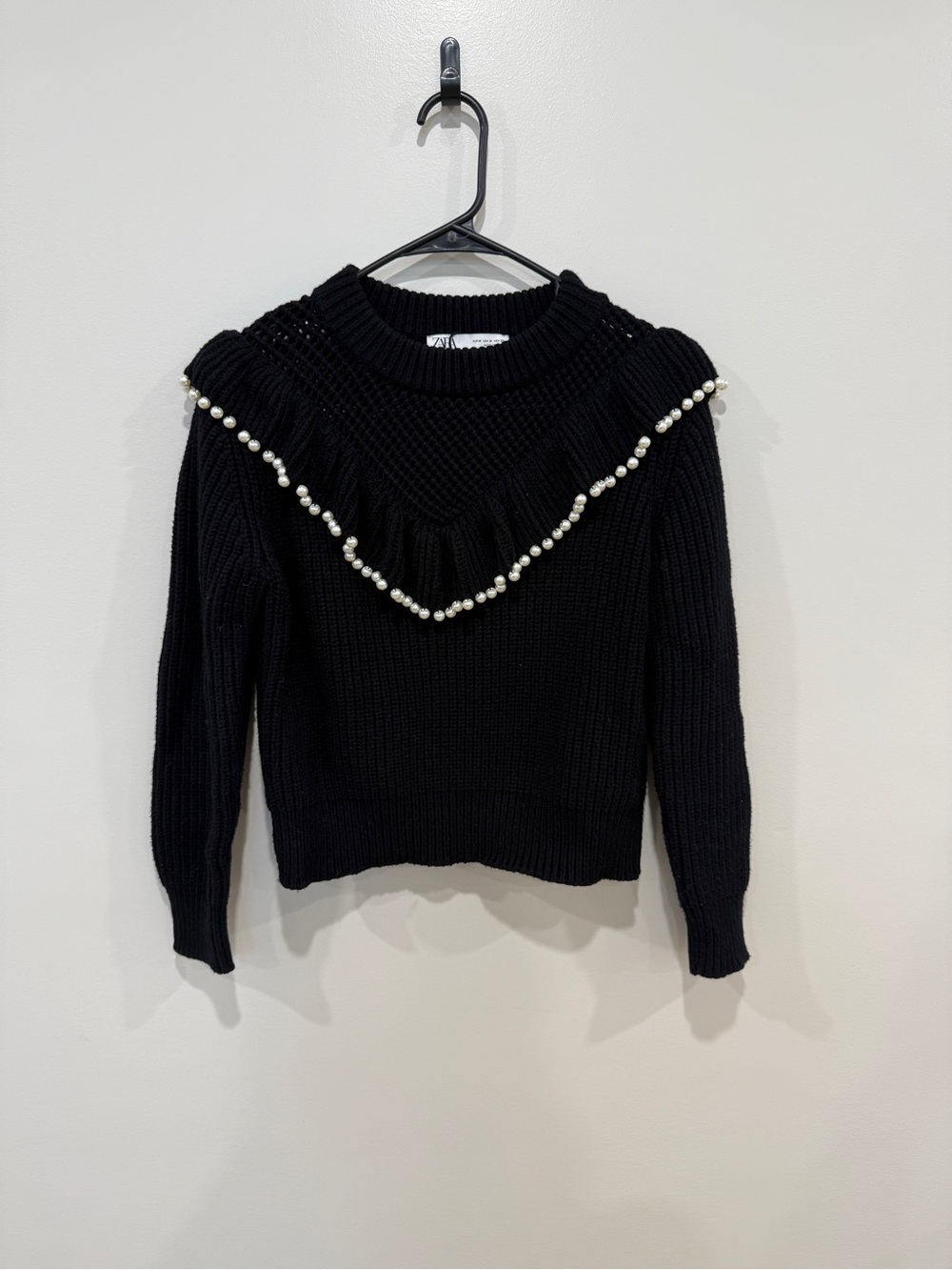 ZARA Black Pearl-Trim Knit Sweater